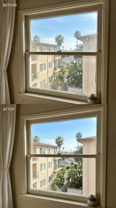 Before and after window washing Southern California — exterior glass cleaning result