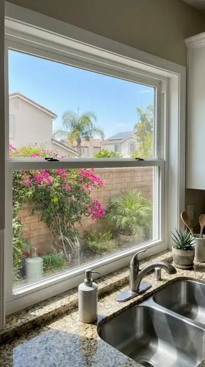 Window cleaning before and after — Newport Beach coastal home, salt air film removed