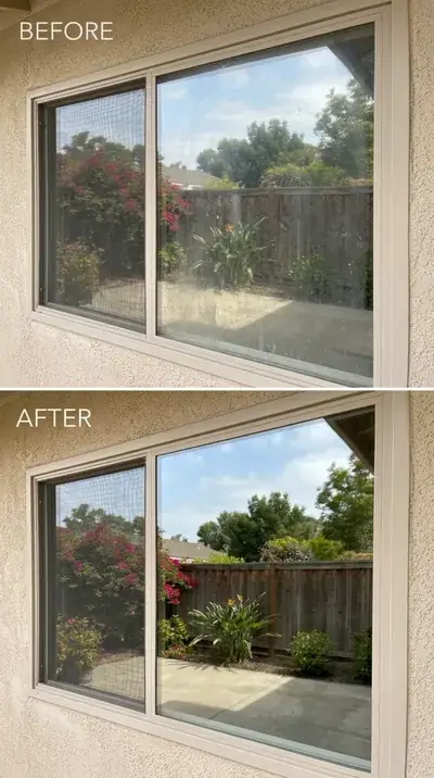 Hard water stains on windows before and after professional removal in Orange County