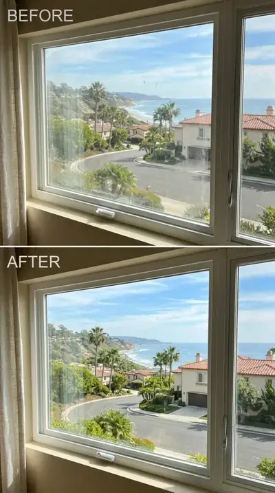 Before and after window washing — San Clemente CA coastal home, salt film and hard water removed