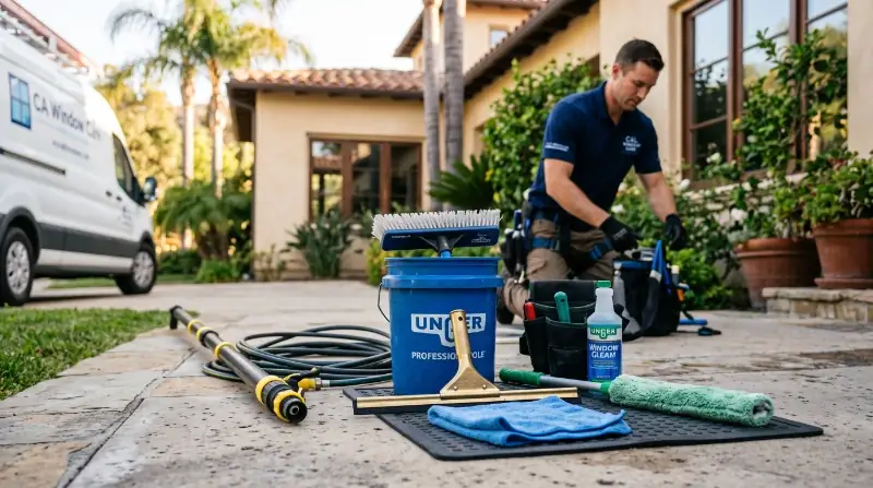 Commercial window cleaning on San Clemente CA downtown storefront — professional team service