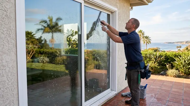 Hard water spots San Juan Capistrano window glass with white mineral deposits on windows
