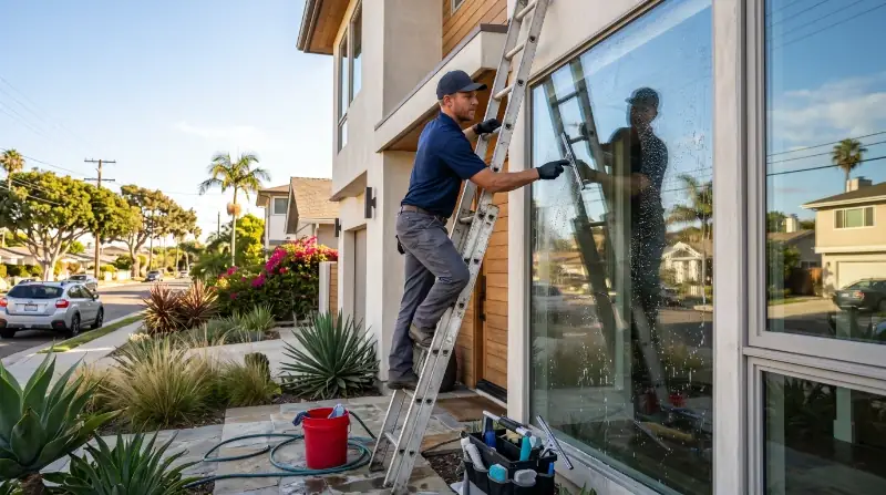 Professional window cleaning on large glass doors of luxury San Clemente home