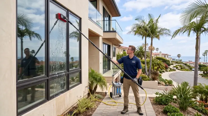Professional squeegee removing hard water mineral deposits from San Clemente coastal home windows