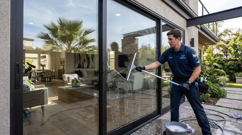 Professional squeegee window cleaning — regular service keeps salt and mineral deposits from bonding