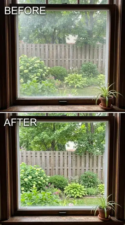 Sprinkler spots on windows of a Talega home, before and after removal