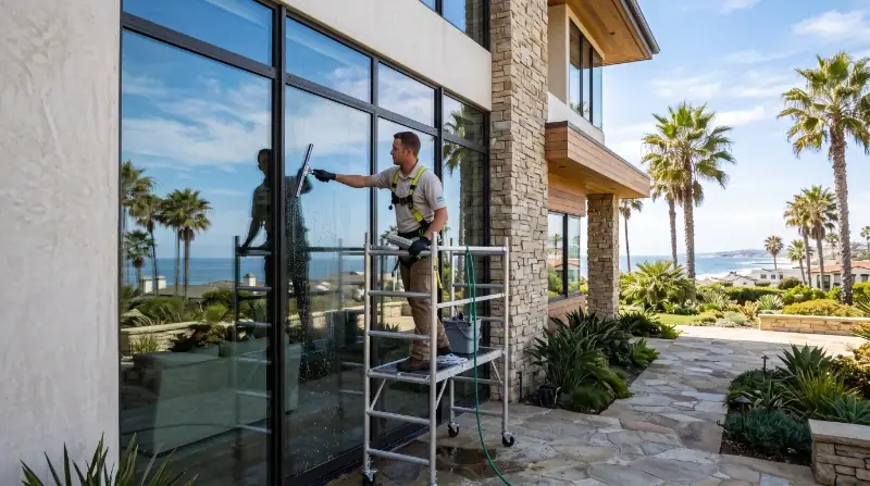 Water-fed pole window cleaning on coastal San Clemente CA home — deionized water system