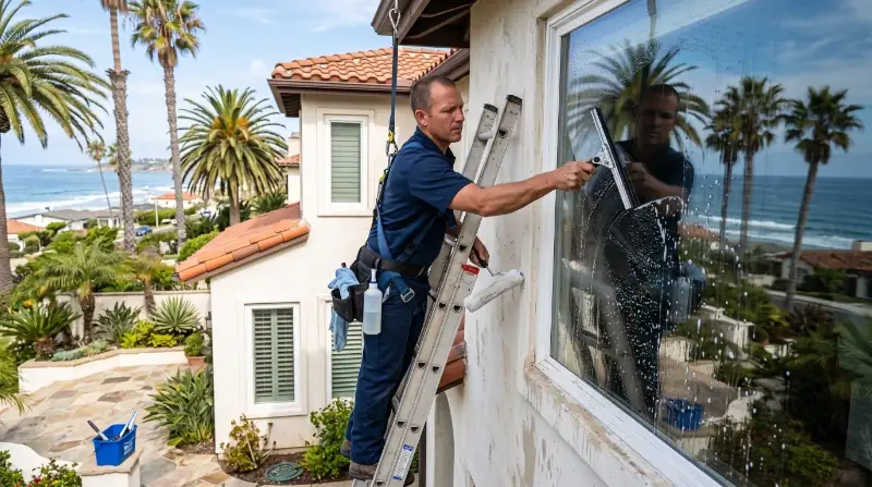 Window cleaning prices Dana Point crew washing screens and tracks on a coastal home