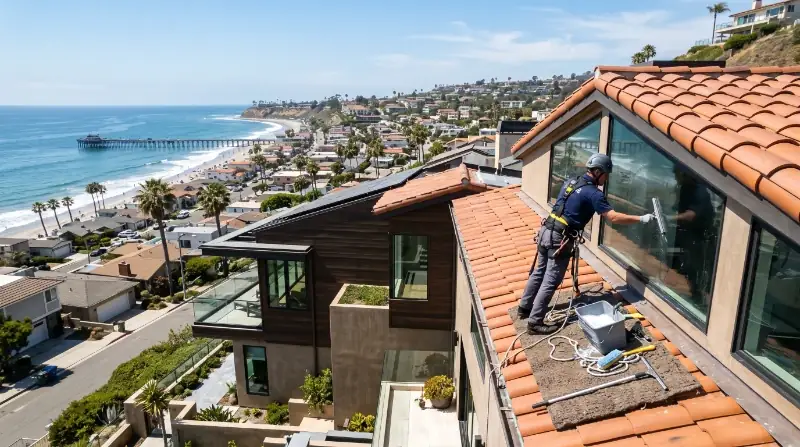 Window cleaning Monarch Beach home with ocean-view glass above Salt Creek Beach
