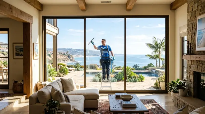 Window washing professional kneeling at ground level — San Clemente CA residential home service